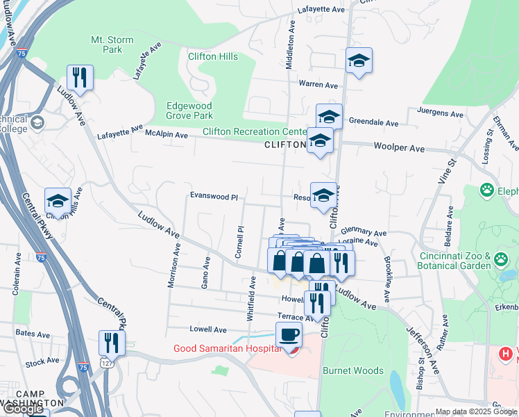 map of restaurants, bars, coffee shops, grocery stores, and more near 3481 Whitfield Avenue in Cincinnati
