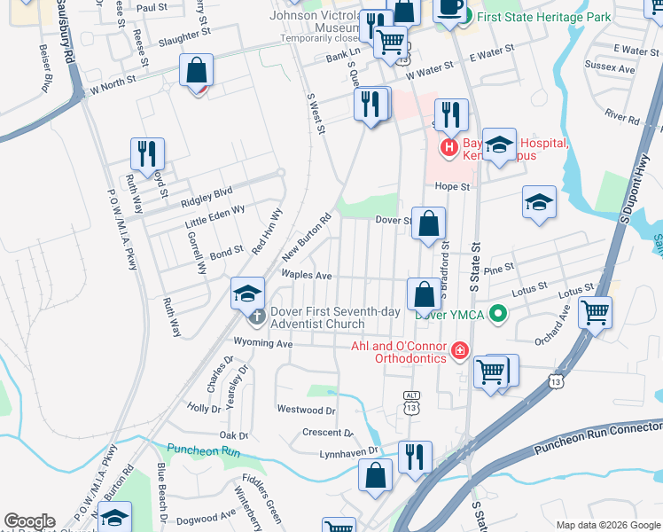 map of restaurants, bars, coffee shops, grocery stores, and more near 864 Westview Terrace in Dover