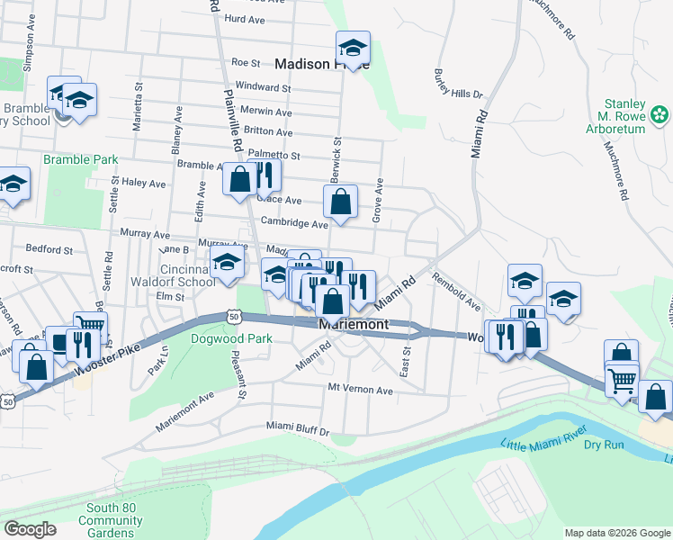 map of restaurants, bars, coffee shops, grocery stores, and more near 6908 Thorndike Road in Cincinnati