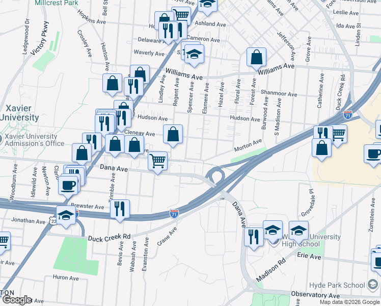 map of restaurants, bars, coffee shops, grocery stores, and more near 3735 Elsmere Avenue in Cincinnati