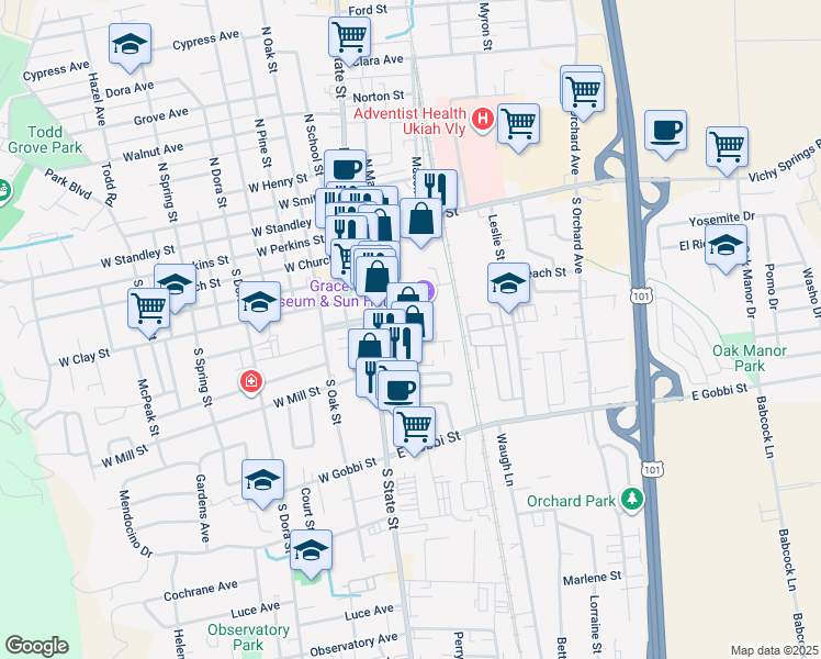 map of restaurants, bars, coffee shops, grocery stores, and more near 517 South Main Street in Ukiah