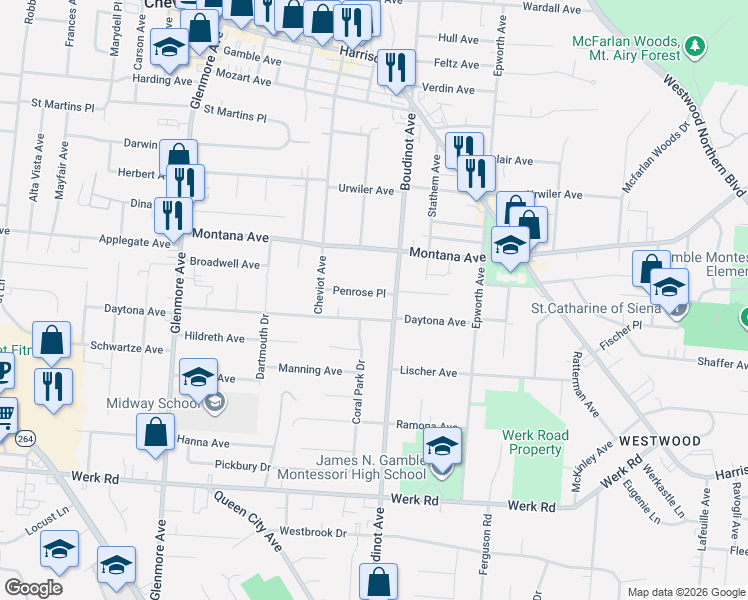 map of restaurants, bars, coffee shops, grocery stores, and more near 3133 Penrose Place in Cincinnati