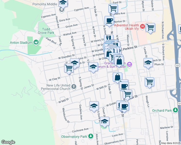 map of restaurants, bars, coffee shops, grocery stores, and more near 429 South Dora Street in Ukiah
