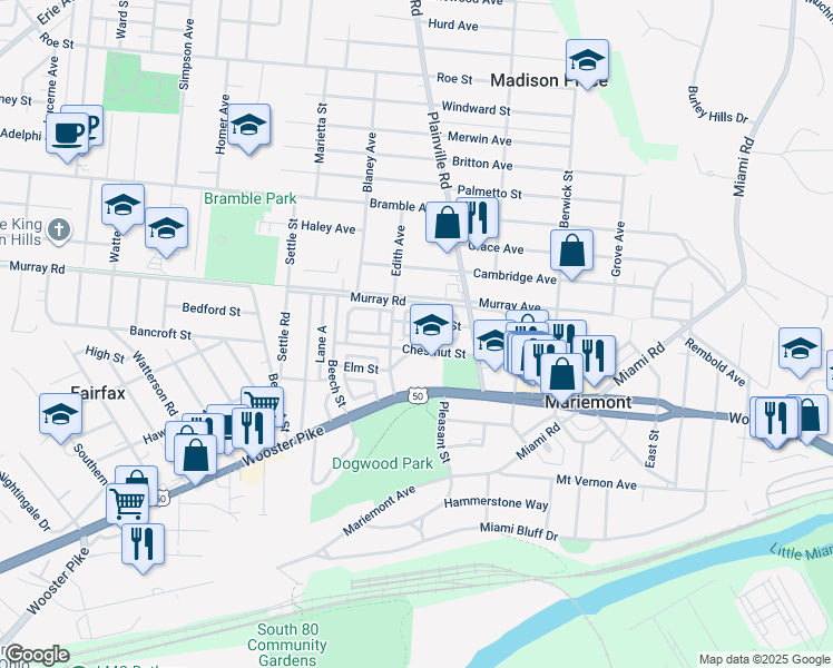 map of restaurants, bars, coffee shops, grocery stores, and more near 6 Lane H in Cincinnati