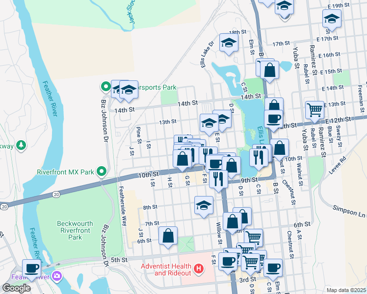 map of restaurants, bars, coffee shops, grocery stores, and more near 629 11th Street in Marysville