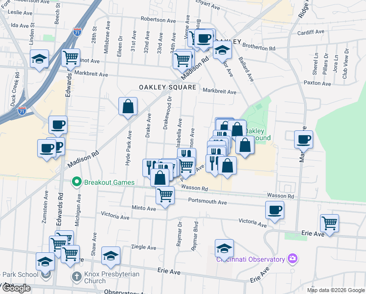 map of restaurants, bars, coffee shops, grocery stores, and more near 2961 Cadillac Avenue in Cincinnati