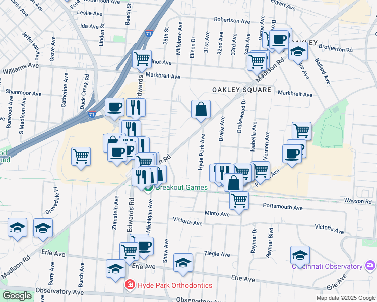 map of restaurants, bars, coffee shops, grocery stores, and more near 3766 Andrew Avenue in Cincinnati