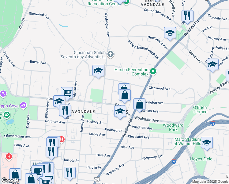 map of restaurants, bars, coffee shops, grocery stores, and more near 3564 Van Antwerp Place in Cincinnati