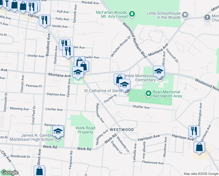map of restaurants, bars, coffee shops, grocery stores, and more near 2879 Saint Catherine Place in Cincinnati