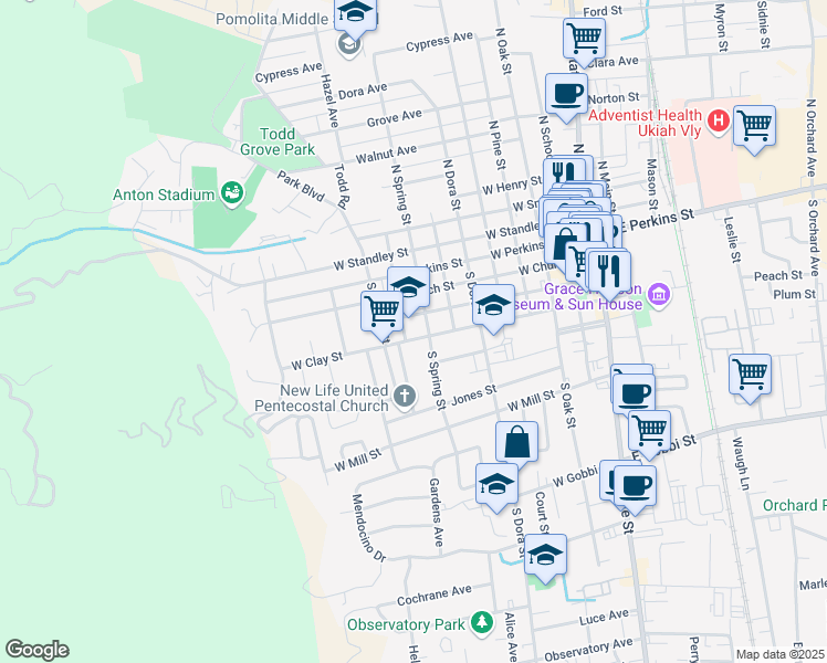 map of restaurants, bars, coffee shops, grocery stores, and more near 820 W Clay St in Ukiah