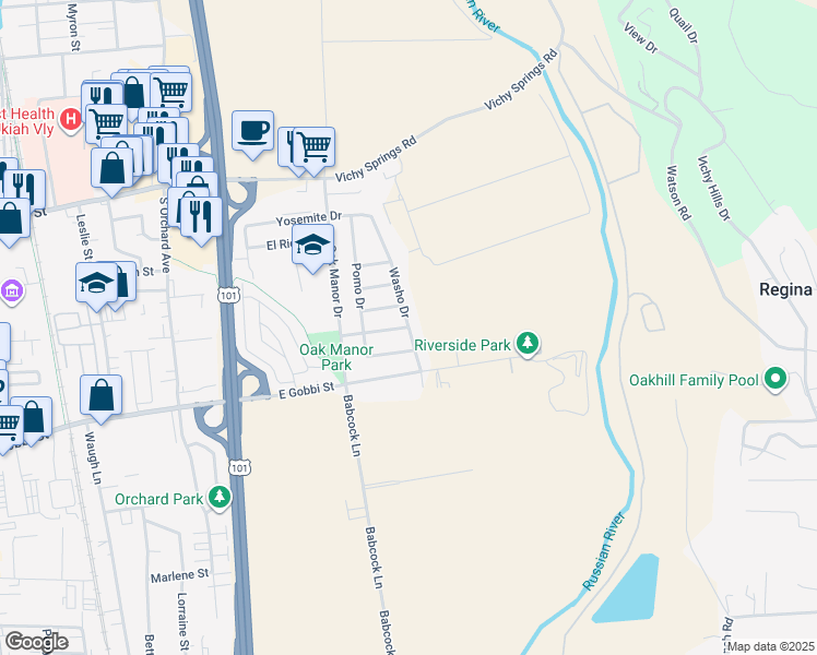 map of restaurants, bars, coffee shops, grocery stores, and more near Washo Drive & Mohawk Drive in Ukiah