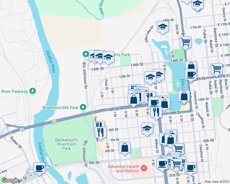 map of restaurants, bars, coffee shops, grocery stores, and more near 1115 I Street in Marysville