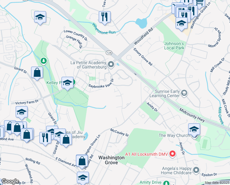 map of restaurants, bars, coffee shops, grocery stores, and more near 17500 Towne Crest Drive in Gaithersburg