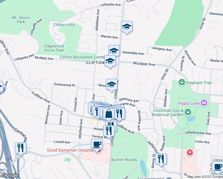 map of restaurants, bars, coffee shops, grocery stores, and more near 3547 Clifton Avenue in Cincinnati