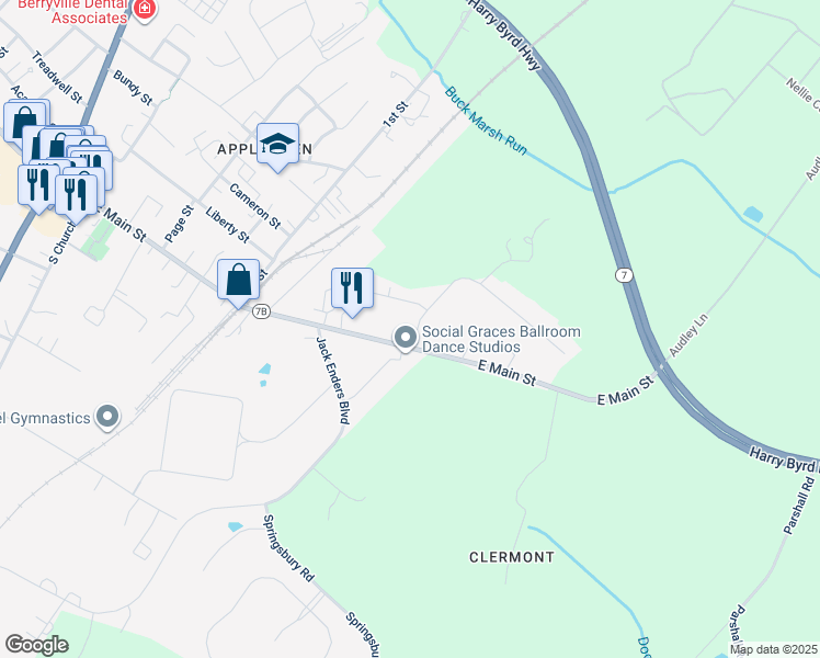 map of restaurants, bars, coffee shops, grocery stores, and more near 7 Battletown Drive in Berryville