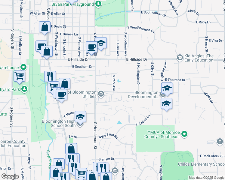 map of restaurants, bars, coffee shops, grocery stores, and more near 717 East Miller Drive in Bloomington