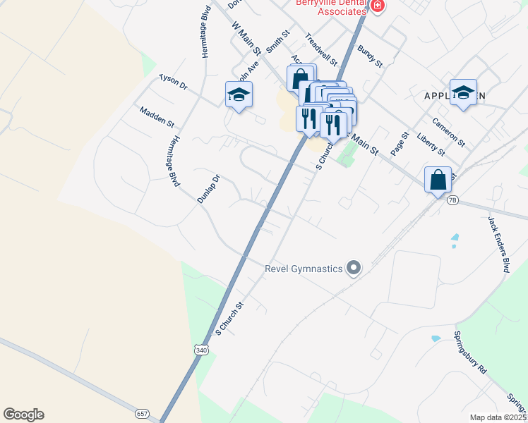 map of restaurants, bars, coffee shops, grocery stores, and more near 101 Taylor Street in Berryville