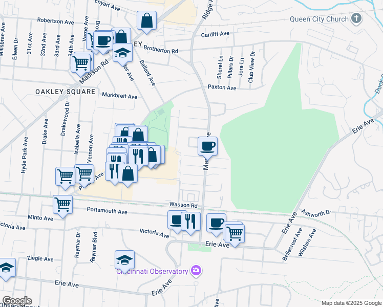 map of restaurants, bars, coffee shops, grocery stores, and more near 3318 Ameliamont Avenue in Cincinnati