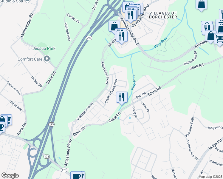 map of restaurants, bars, coffee shops, grocery stores, and more near 7649 Elmcrest Road in Hanover