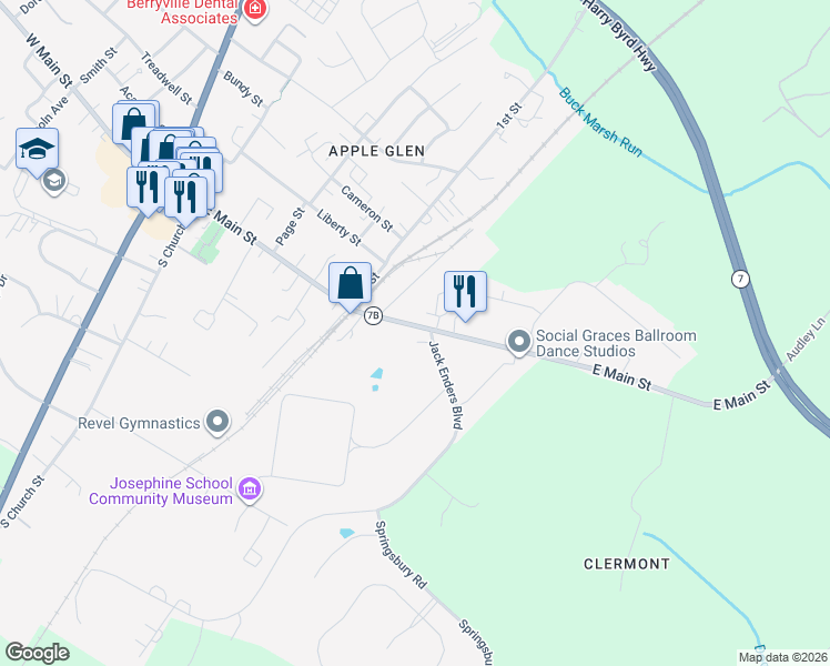 map of restaurants, bars, coffee shops, grocery stores, and more near 517 Virginia 7 Business in Berryville