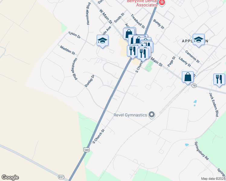 map of restaurants, bars, coffee shops, grocery stores, and more near 101 Taylor Street in Berryville