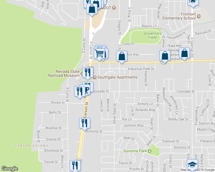 map of restaurants, bars, coffee shops, grocery stores, and more near 2202 Idaho Street in Carson City