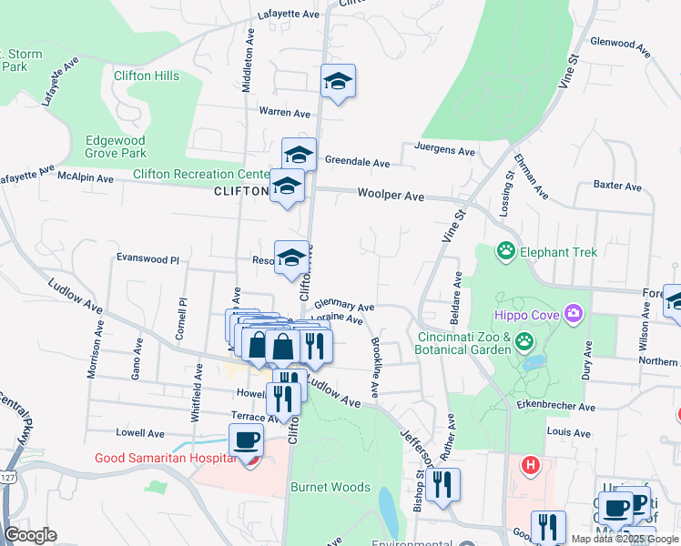 map of restaurants, bars, coffee shops, grocery stores, and more near 216 Glenmary Avenue in Cincinnati
