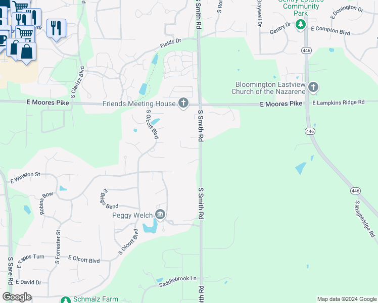 map of restaurants, bars, coffee shops, grocery stores, and more near 2114 South Smith Road in Bloomington
