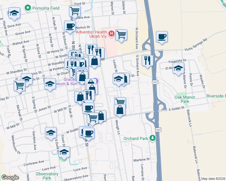 map of restaurants, bars, coffee shops, grocery stores, and more near 660 Leslie St in Ukiah