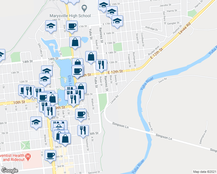 map of restaurants, bars, coffee shops, grocery stores, and more near 1017 Ramirez Street in Marysville