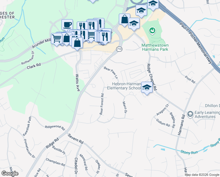 map of restaurants, bars, coffee shops, grocery stores, and more near 1605 Bear Paw Lane in Hanover
