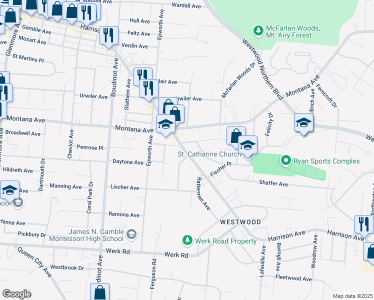 map of restaurants, bars, coffee shops, grocery stores, and more near 2958 Harrison Avenue in Cincinnati