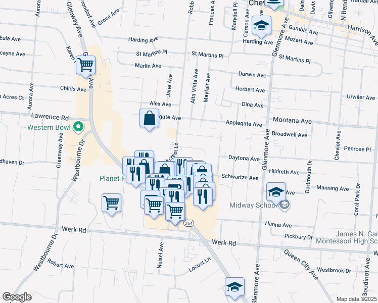 map of restaurants, bars, coffee shops, grocery stores, and more near 3627 Janlin Court in Cincinnati