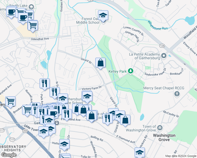 map of restaurants, bars, coffee shops, grocery stores, and more near 406 Girard Street in Gaithersburg