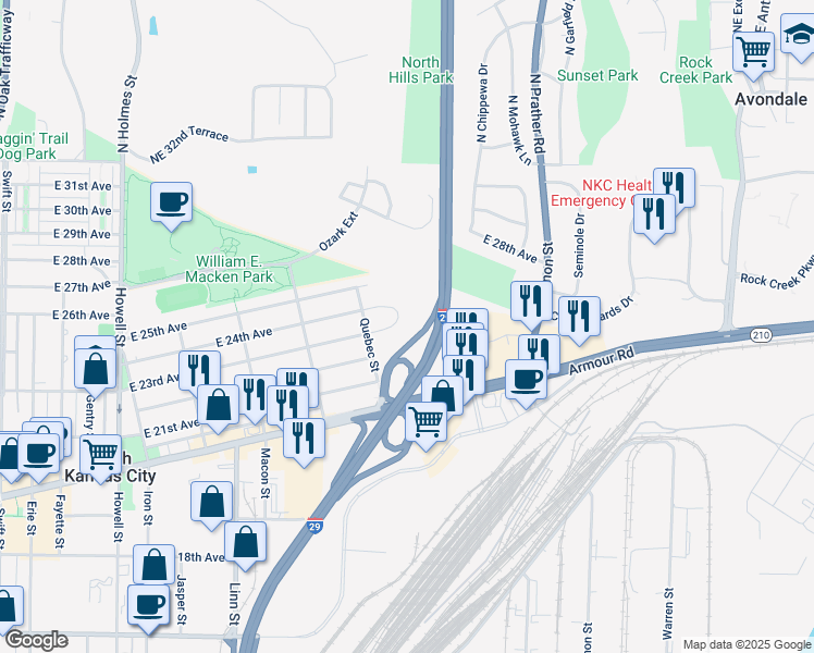 map of restaurants, bars, coffee shops, grocery stores, and more near 1611 Orleans Circle in North Kansas City