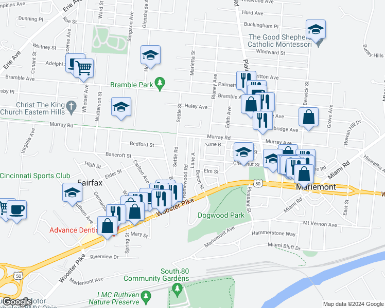 map of restaurants, bars, coffee shops, grocery stores, and more near 3902 Beech Street in Cincinnati