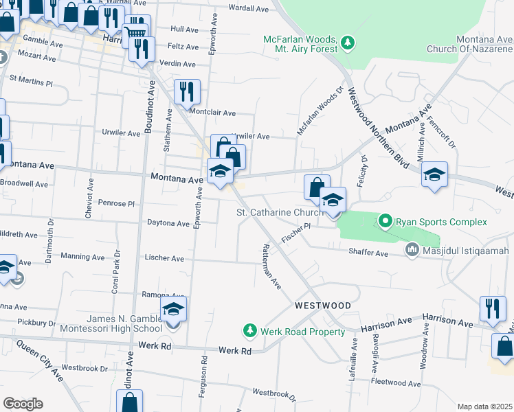 map of restaurants, bars, coffee shops, grocery stores, and more near 2958 Harrison Avenue in Cincinnati