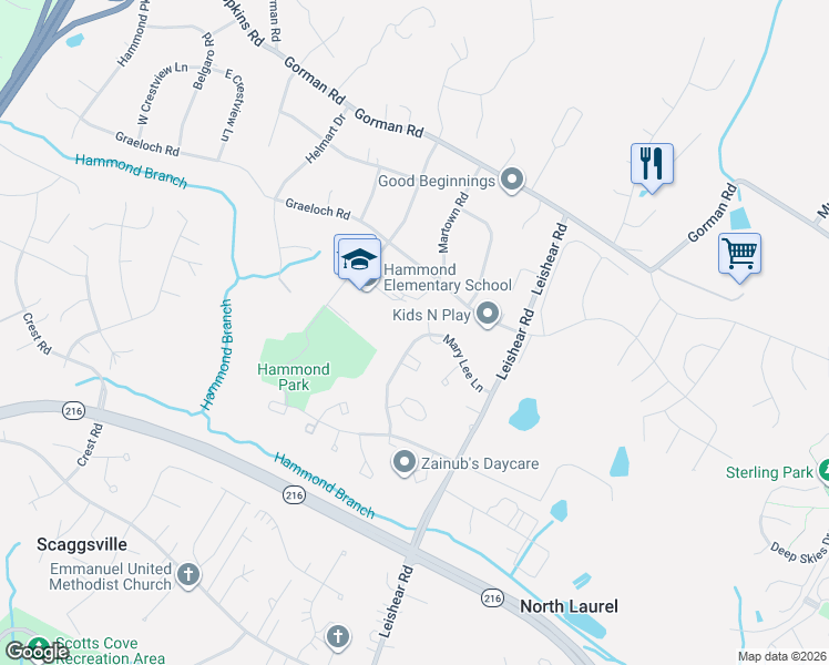 map of restaurants, bars, coffee shops, grocery stores, and more near 8266 Mary Lee Lane in Laurel