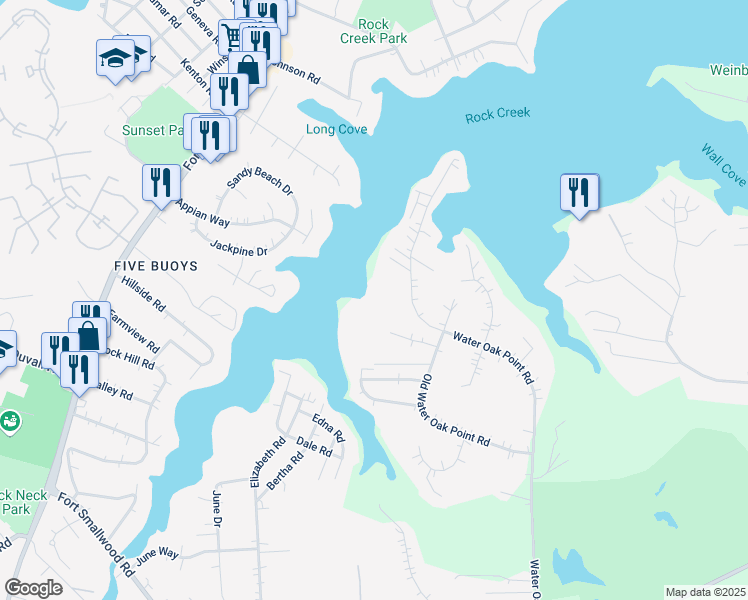 map of restaurants, bars, coffee shops, grocery stores, and more near 7676 Water Oak Point Road in Pasadena