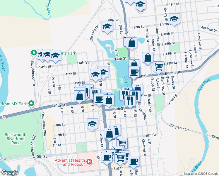 map of restaurants, bars, coffee shops, grocery stores, and more near 405 11th Street in Marysville