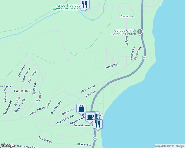 map of restaurants, bars, coffee shops, grocery stores, and more near 283 Tahoe Woods Boulevard in Tahoe City