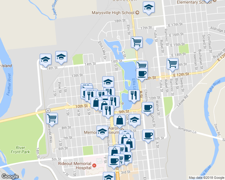map of restaurants, bars, coffee shops, grocery stores, and more near 419 11th Street in Marysville