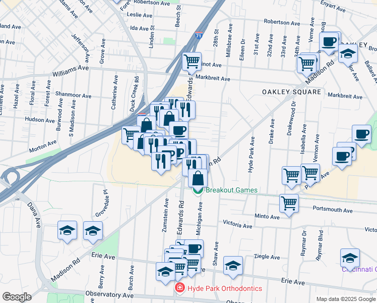 map of restaurants, bars, coffee shops, grocery stores, and more near 3752 Edwards Road in Cincinnati
