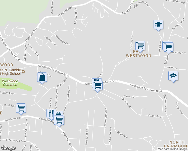 map of restaurants, bars, coffee shops, grocery stores, and more near 2314 Nicholson Ave in Cincinnati