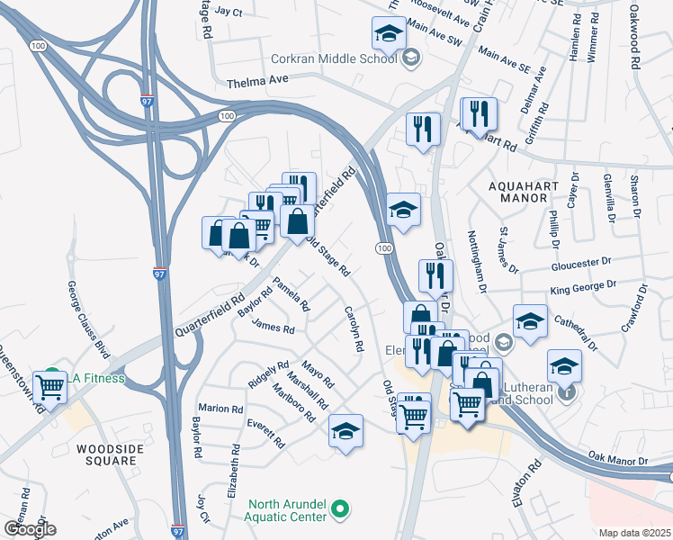 map of restaurants, bars, coffee shops, grocery stores, and more near 713 Old Stage Road in Glen Burnie