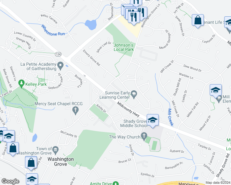map of restaurants, bars, coffee shops, grocery stores, and more near 8211 Morning View Drive in Gaithersburg