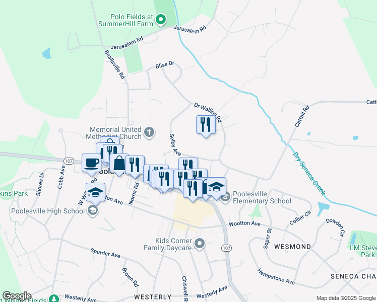 map of restaurants, bars, coffee shops, grocery stores, and more near 19625 Selby Avenue in Poolesville