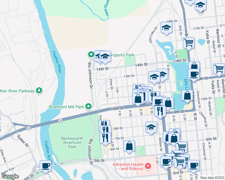 map of restaurants, bars, coffee shops, grocery stores, and more near 1121 J Street in Marysville