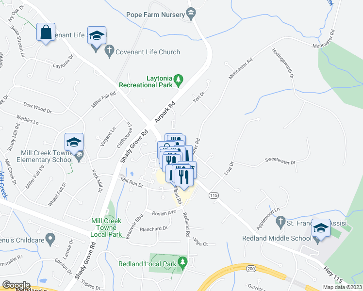 map of restaurants, bars, coffee shops, grocery stores, and more near 7207 Phelps Hill Court in Derwood