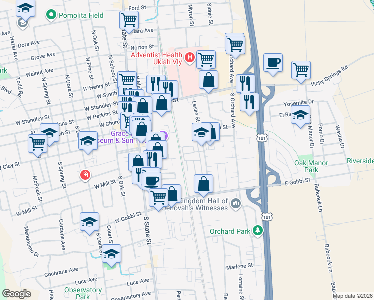 map of restaurants, bars, coffee shops, grocery stores, and more near 660 Leslie Street in Ukiah
